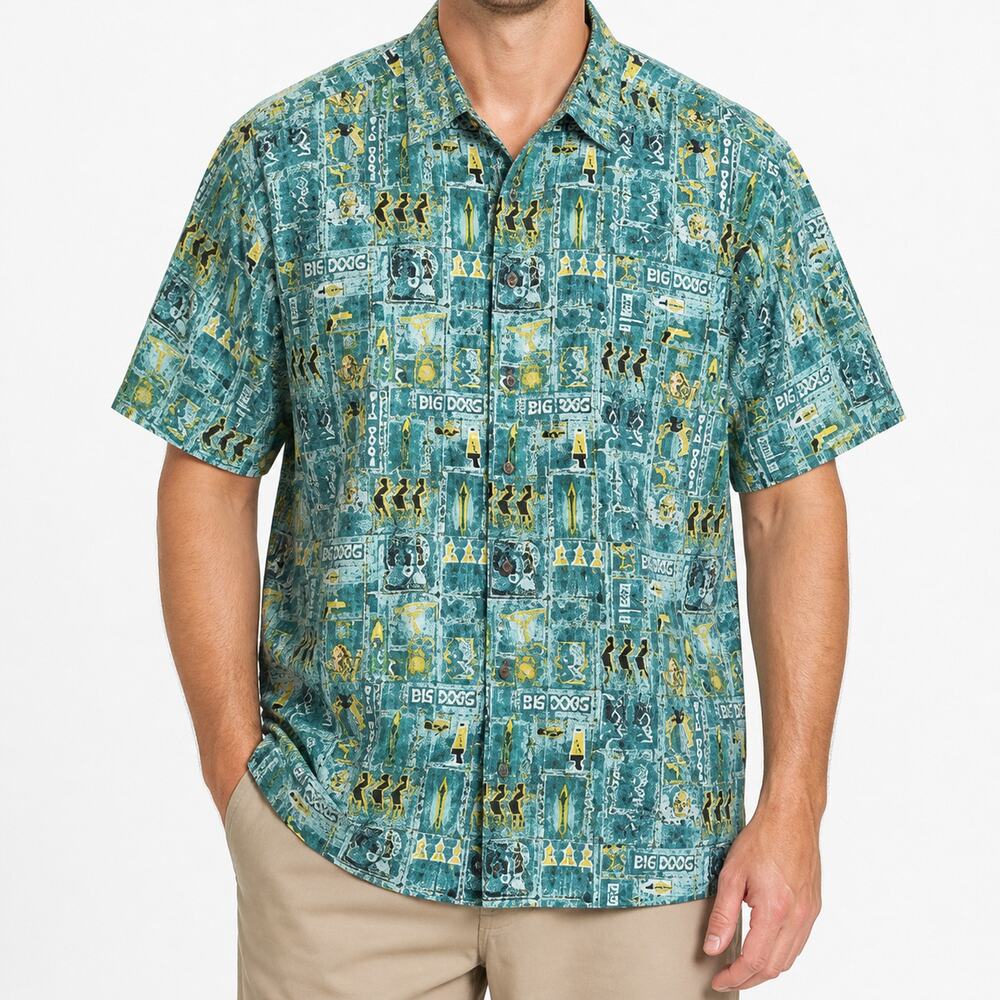 Big Dogs Shirt Mens Small Teal Yellow Hawaiian Tribal Classic Button-Up